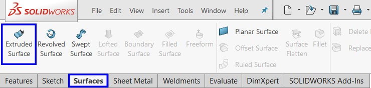 ابزار Extrude Surface در محیط Surface نرم‌افزار Solidworks